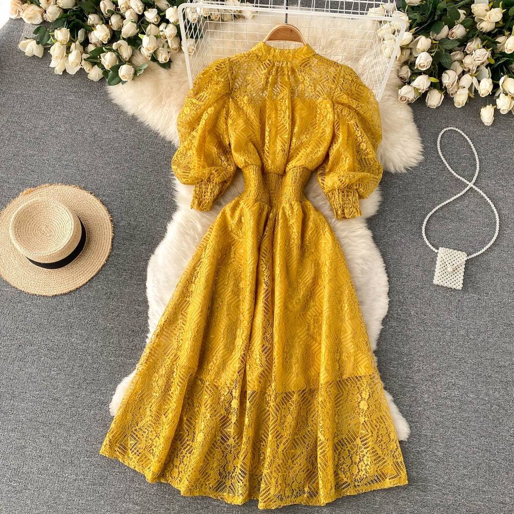 Atopos Lace Vintage Women Summer Dress Fashion Puff Sleeve High Waist Dresses Elegant Female Robe Vestidos Woman Clothes 2022