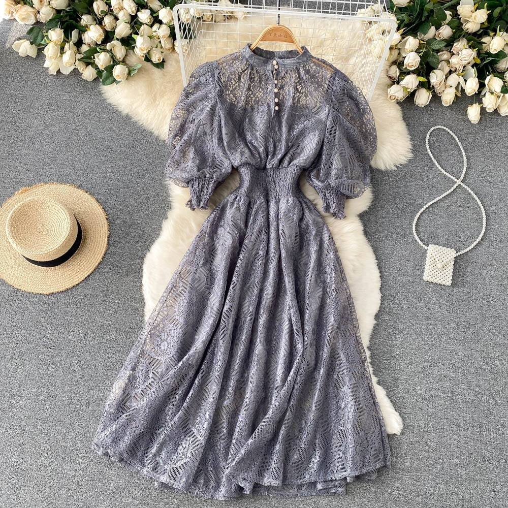 Atopos Lace Vintage Women Summer Dress Fashion Puff Sleeve High Waist Dresses Elegant Female Robe Vestidos Woman Clothes 2022
