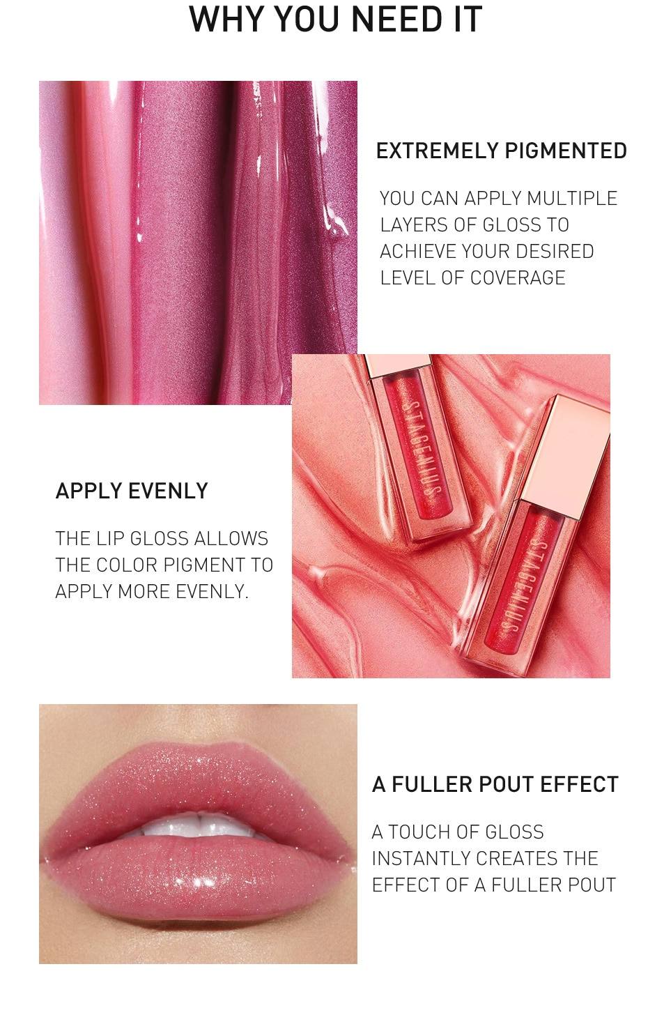 STAGENIUS Lipgloss Waterproof Long-lasting 8 Shades Mirro Glass Non Stick Shimmer Glitter Gloss Lip Tint Makeup