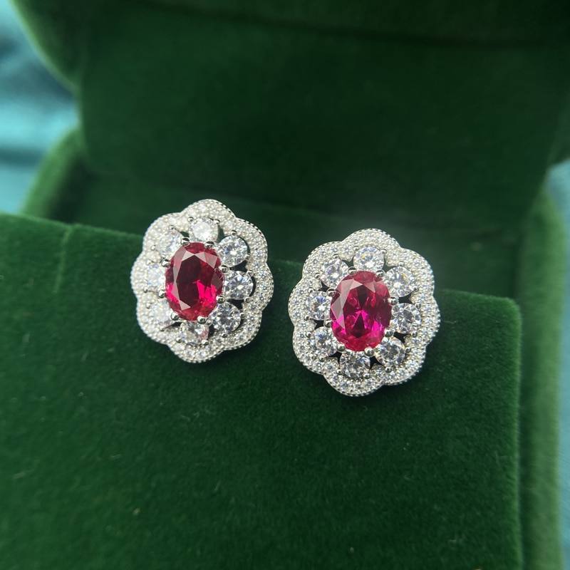 OEVAS Top Quality Ruby Stud Earrings for women Real 925 Sterling Silver Sparking 5A+ Zircon Earrings Party Gifts Fine Jewelry