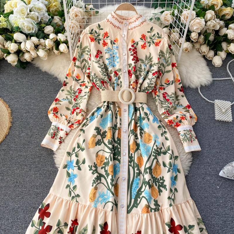 SINGRAIN Women Vintage Print Dress Autumn Stand Collar Button Puff Sleeve Long Robe Fashion Chic Flower Streetwear Maxi Dresses