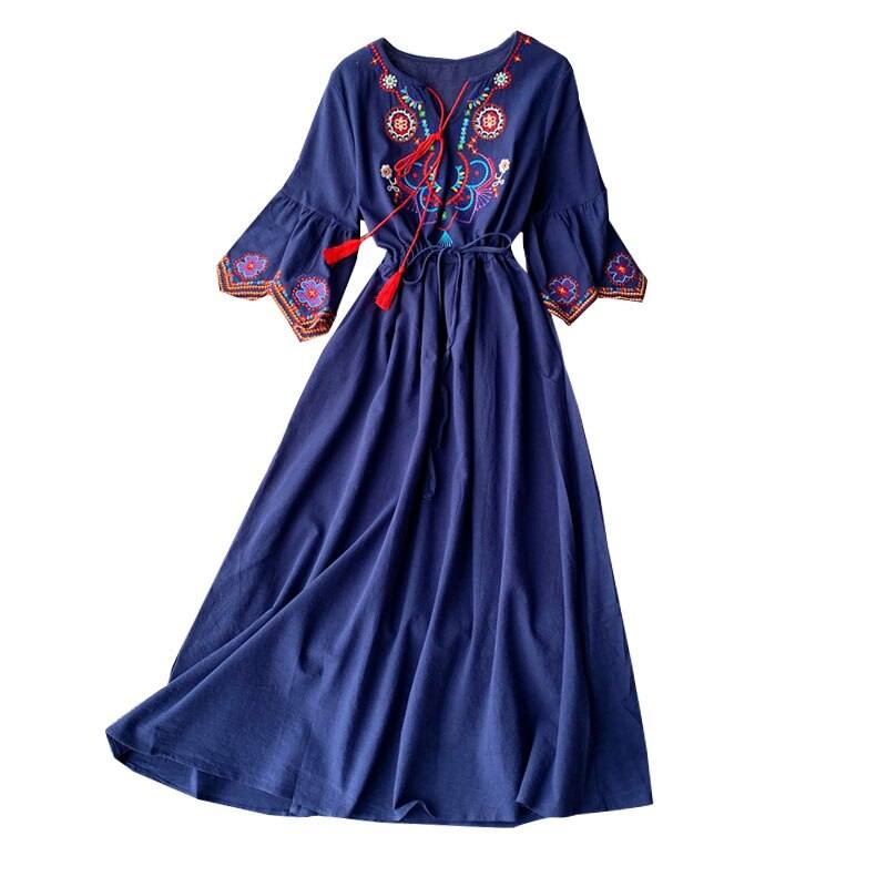 Women's Indie Folk Dress Desert Grassland Travel Cyber Celebrity Photo Modeling Embroidery Lacing Long A-line Dress Female ML866