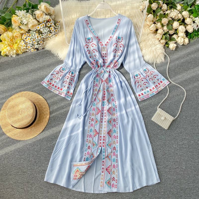 Summer Women's Dress Heavy Industry Embroidery V-neck Drawstring Trumpet Sleeves Ethnic Style Thin Waist Long Dresses LL040