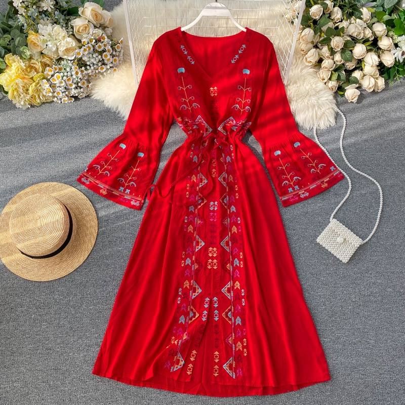 Summer Women's Dress Heavy Industry Embroidery V-neck Drawstring Trumpet Sleeves Ethnic Style Thin Waist Long Dresses LL040