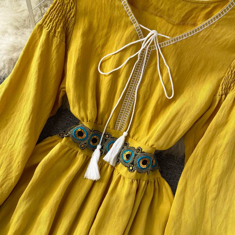 Spring Ethnic Print Vestidos Women's Lace V-neck Flared Sleeves Loose Thin Temperament Fashion Midi Dress