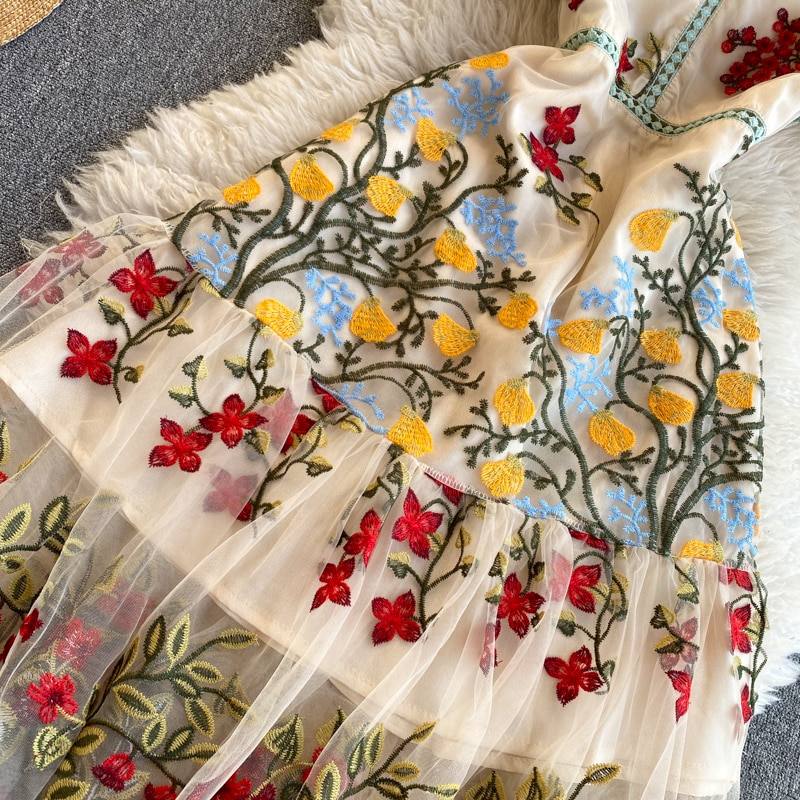 Women Elegant Mesh Lace Embroidered Flower Multicolor Mermaid Dress Short Butterfly Sleeve Ruffles Harajuku Summer Vestidos