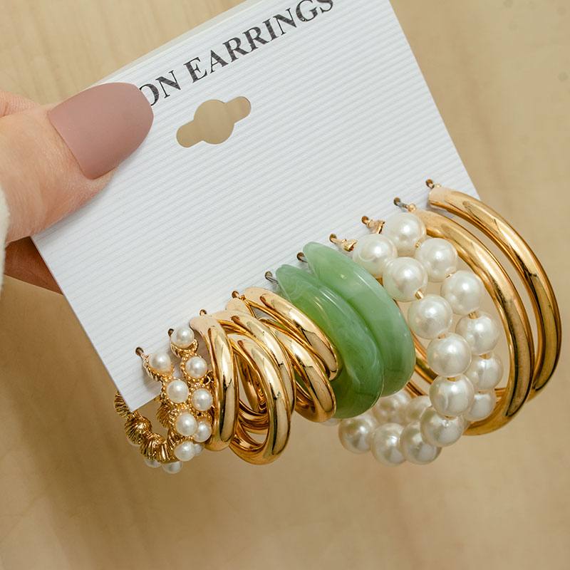 Geometirc Acrylic Round Pearl Hoop Earrings Set For Women