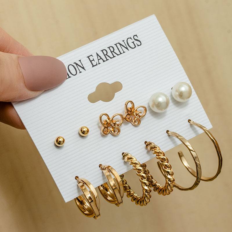 Geometirc Acrylic Round Pearl Hoop Earrings Set For Women