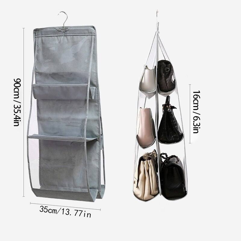 6 Pocket Hanging Handbag Organizer For Wardrobe Closet Gray Waterproof Storage Bag