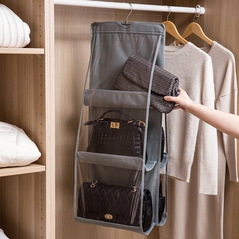 6 Pocket Hanging Handbag Organizer For Wardrobe Closet Gray Waterproof Storage Bag