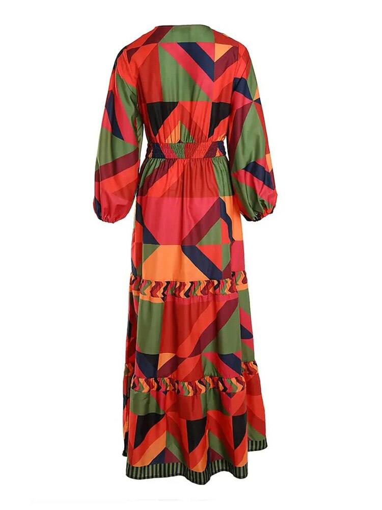 Geometric Print Lantern Sleeve Maxi Dress Women Buttoned V Neck Daily Casual Long Dress