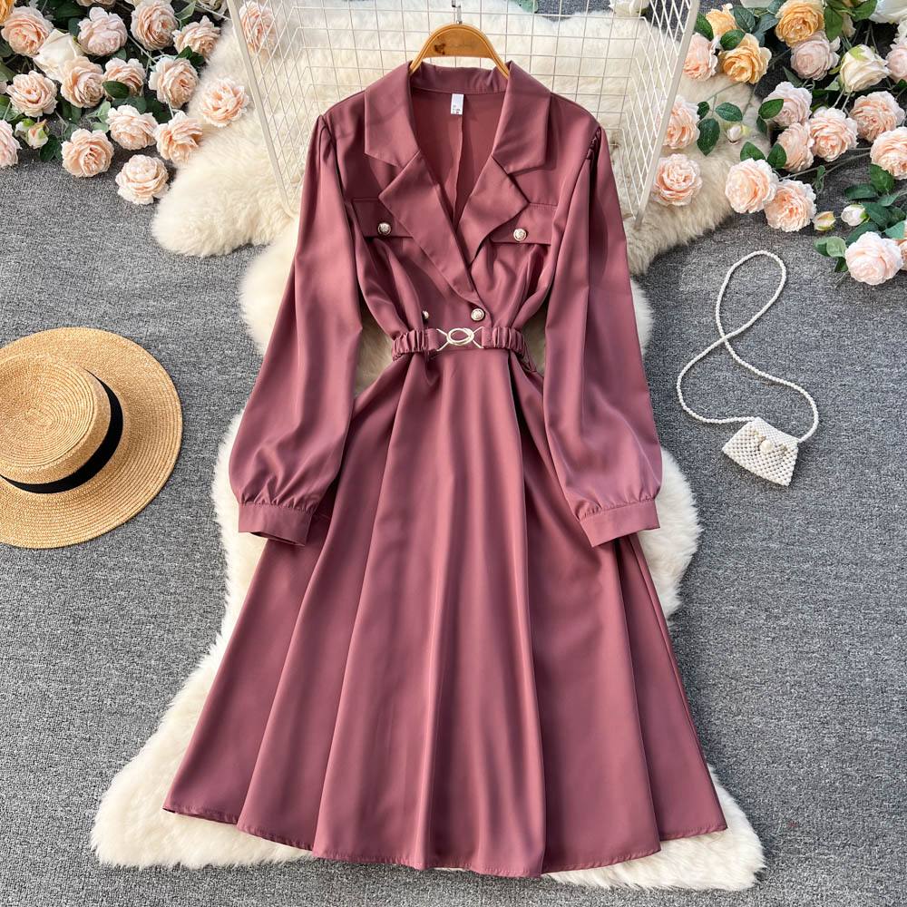 Aibeautyer New Casual Spring Autumn Solid Slim Button Full Lady Dress