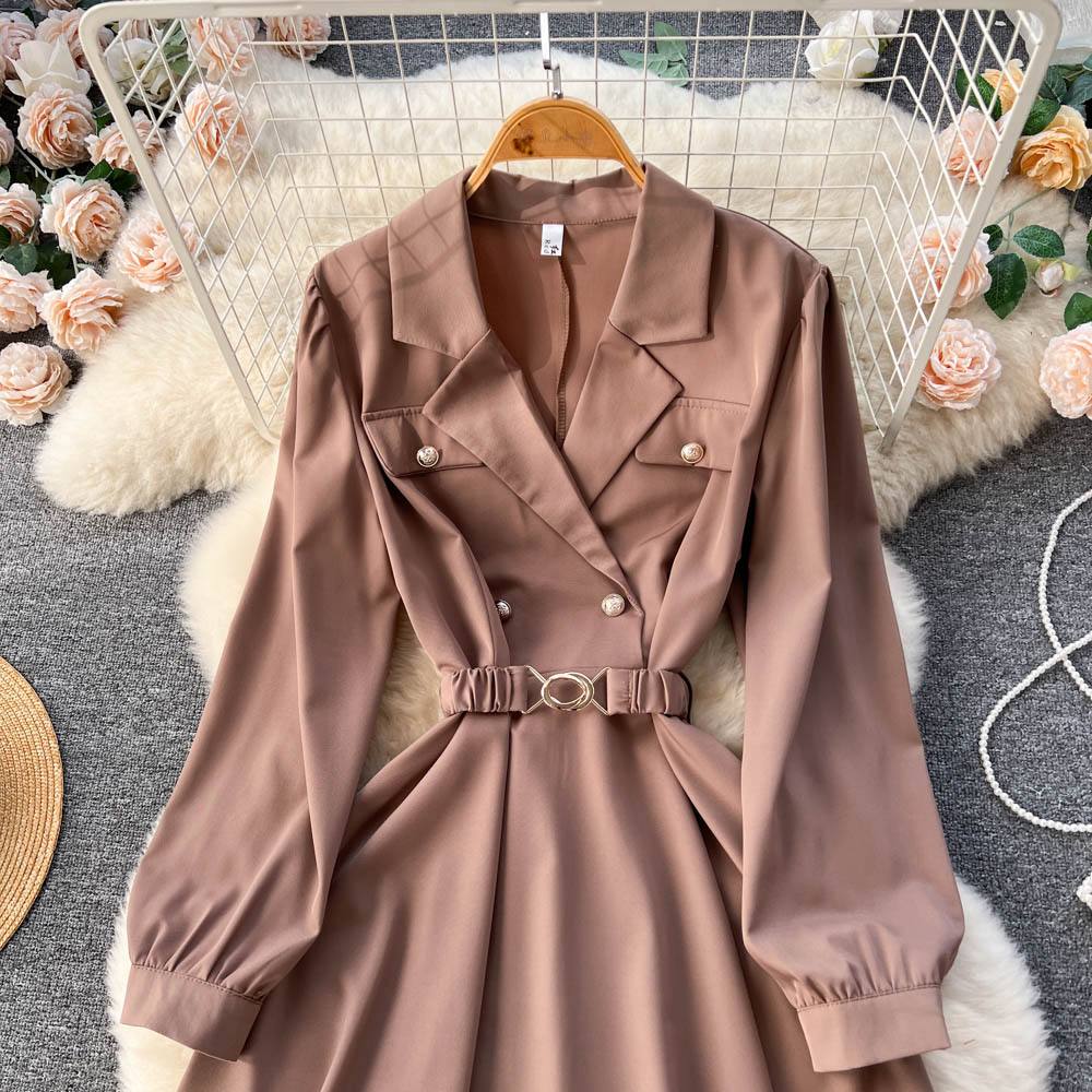 Aibeautyer New Casual Spring Autumn Solid Slim Button Full Lady Dress