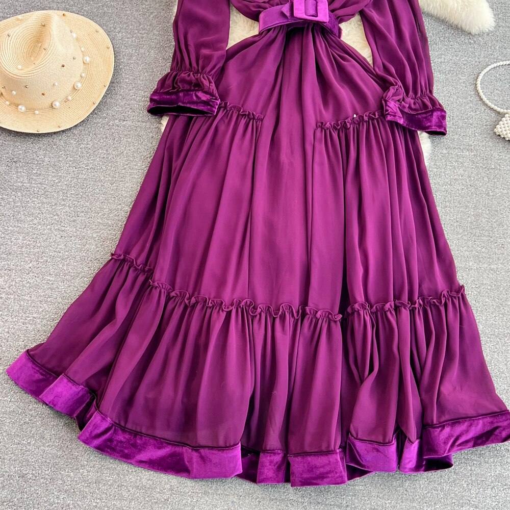 Spring Autumn Purple/Blue/Green/Black Sequins Long Dress