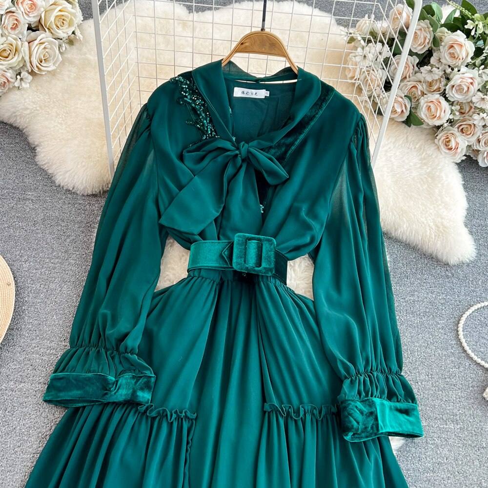 Spring Autumn Purple/Blue/Green/Black Sequins Long Dress