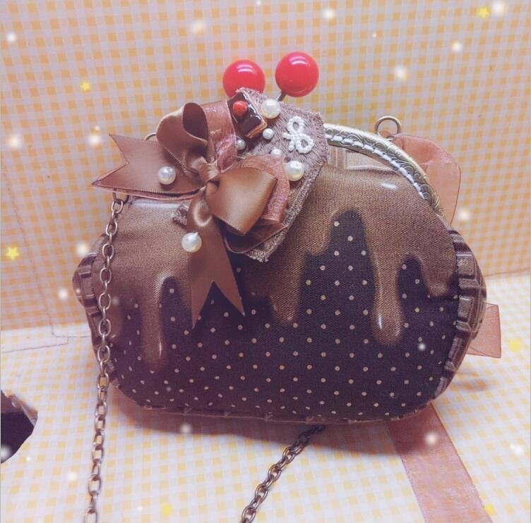 Sweet Lolita Vintage Mori Girl Chocolate Bow Cherry Dot Print Messenger Bag