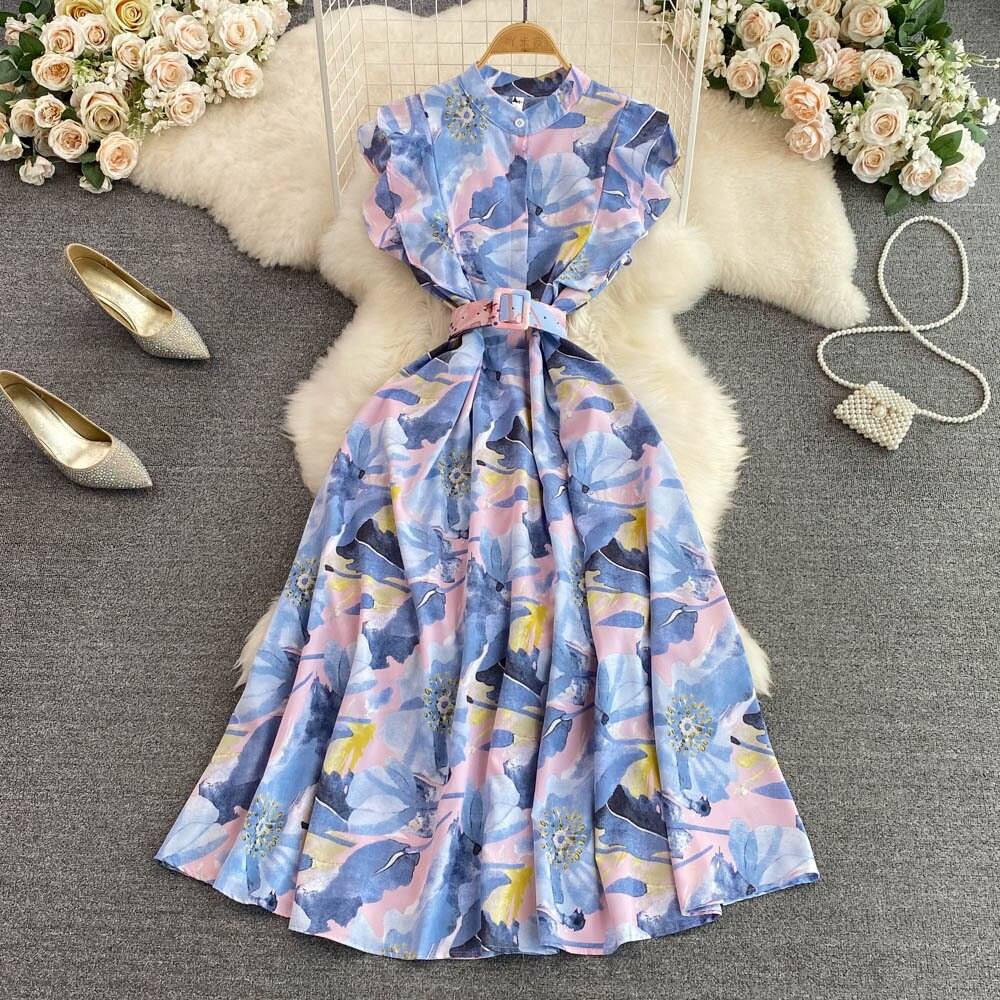 Summer Gentle Standing Neck Print Dress Elegant