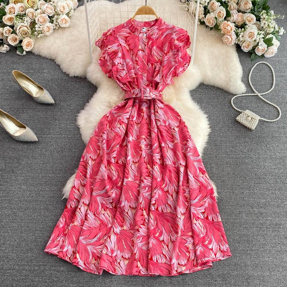 Summer Gentle Standing Neck Print Dress Elegant