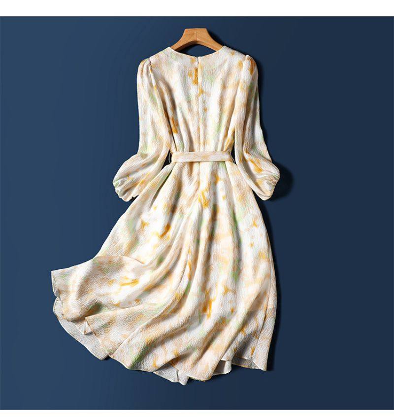 Classic French Temperament Chiffon Print V-neck Women's Dress