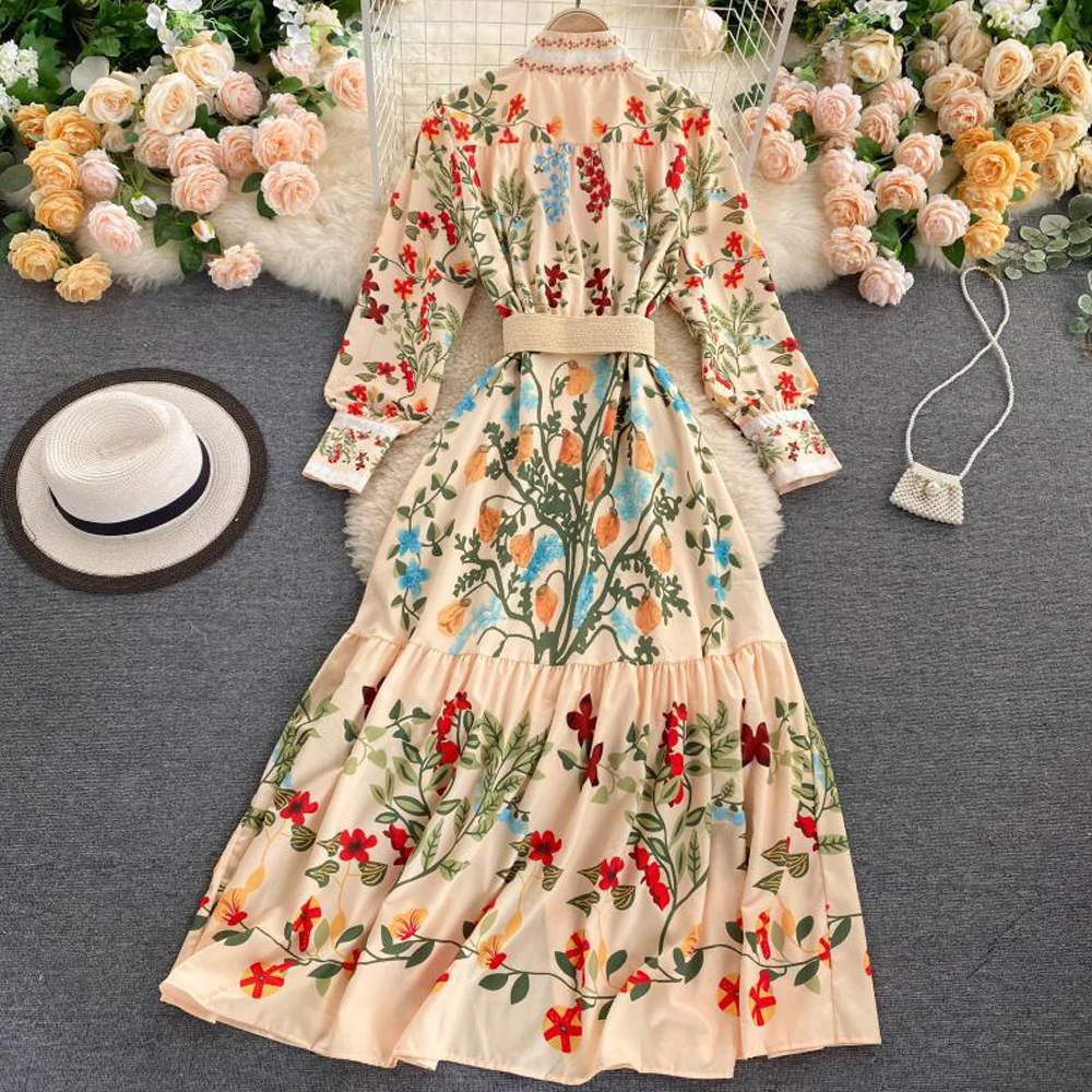 Vintage Court Style Printing Elegant Long Dress