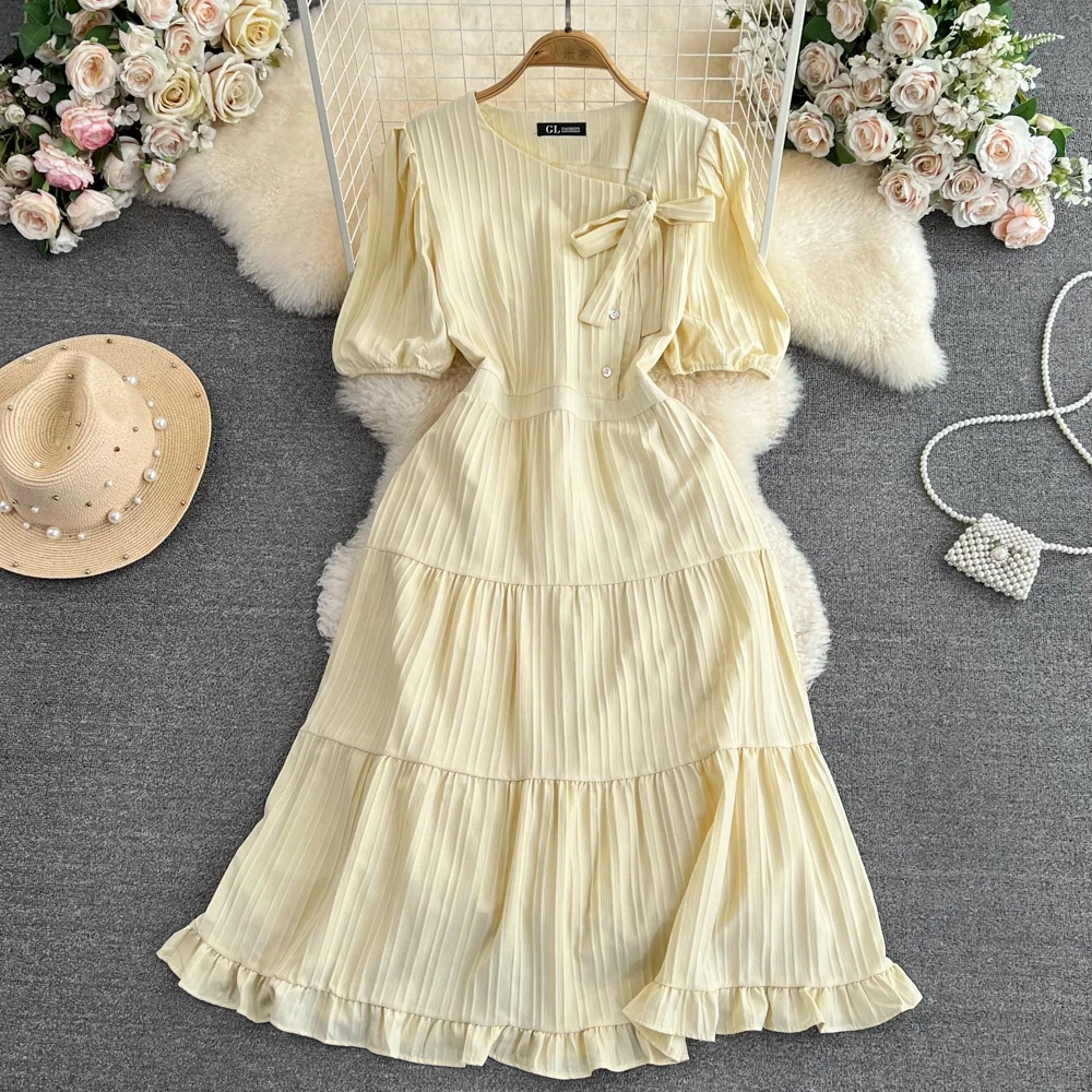 XFPV Prairie Chic Solid Lace-up Buttons Folds Dress Women Elegant Zipper Pleated
