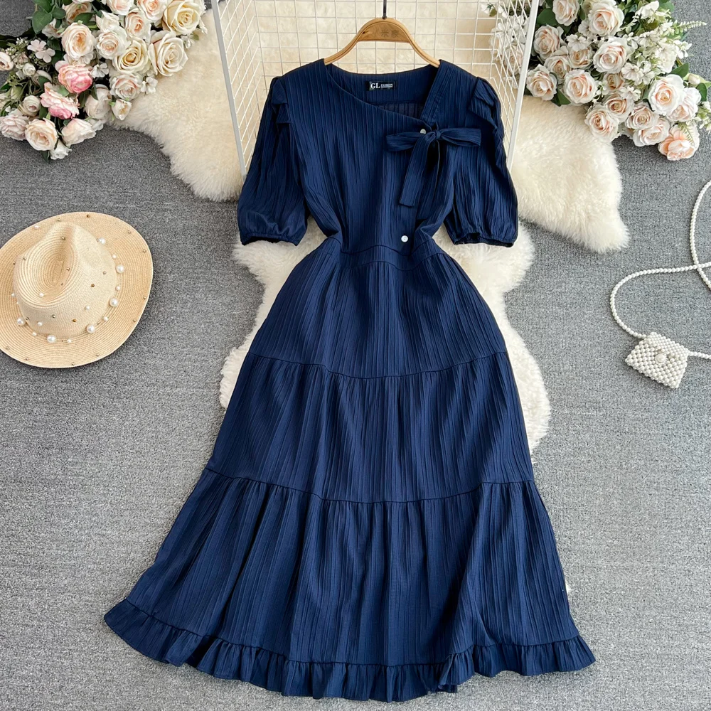 XFPV Prairie Chic Solid Lace-up Buttons Folds Dress Women Elegant Zipper Pleated