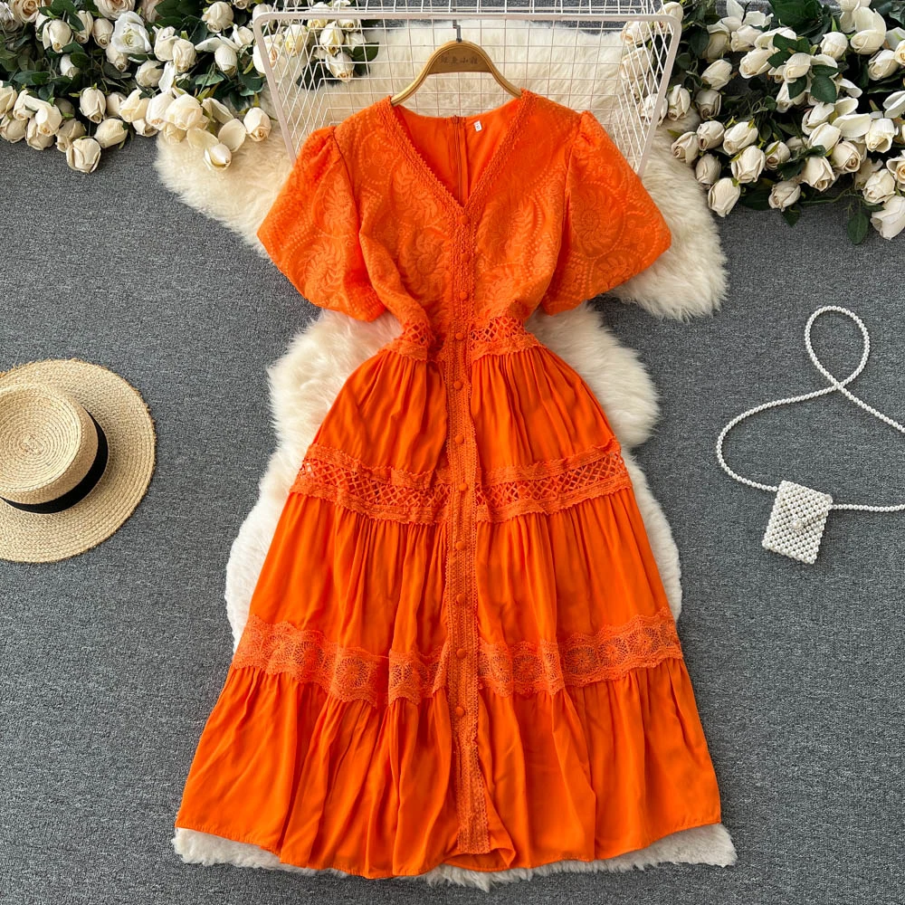 SINGREINY Hollow Out Solid Summer Dress