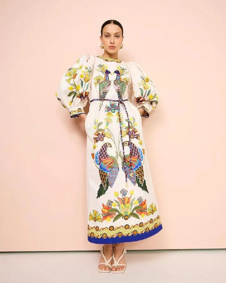 Peacock Printed Colorful Lantern Sleeve Dresses for Women