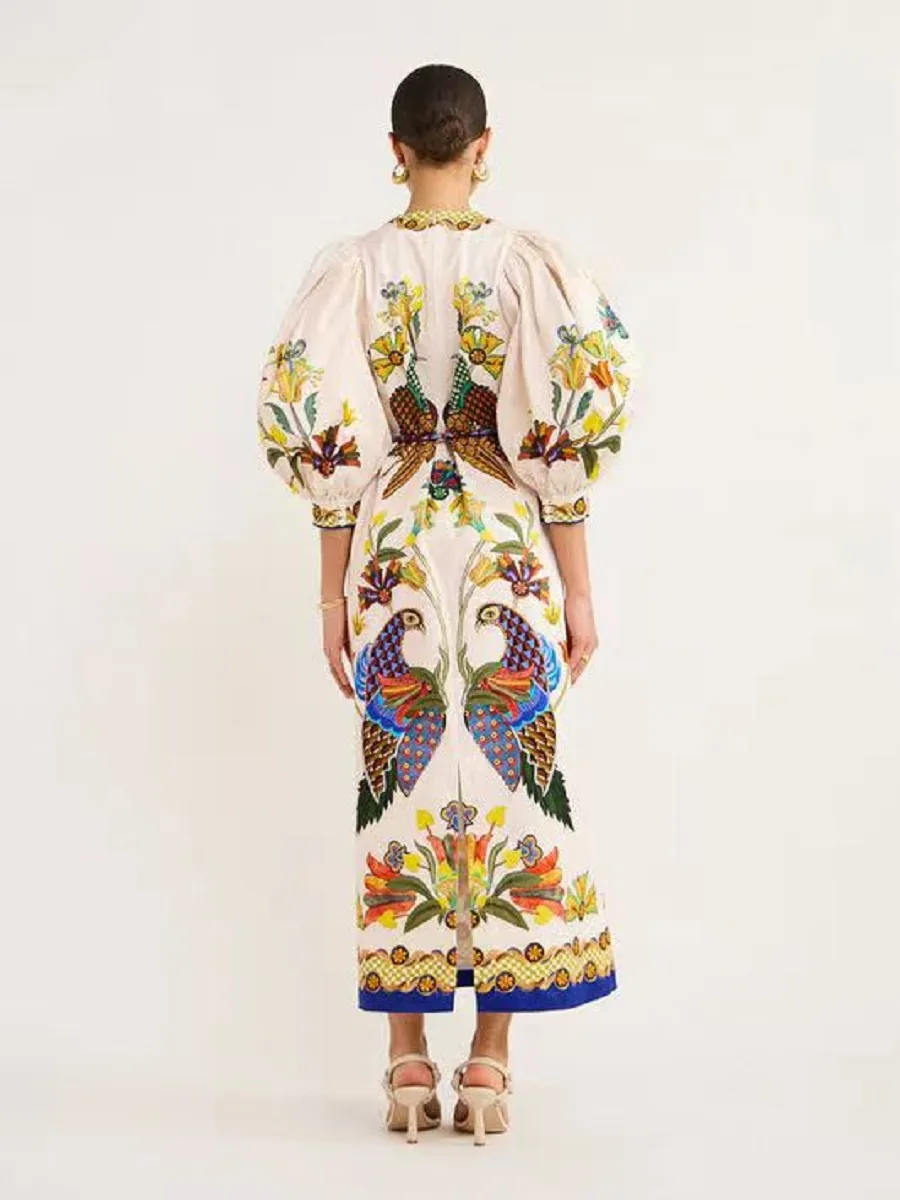 Peacock Printed Colorful Lantern Sleeve Dresses for Women