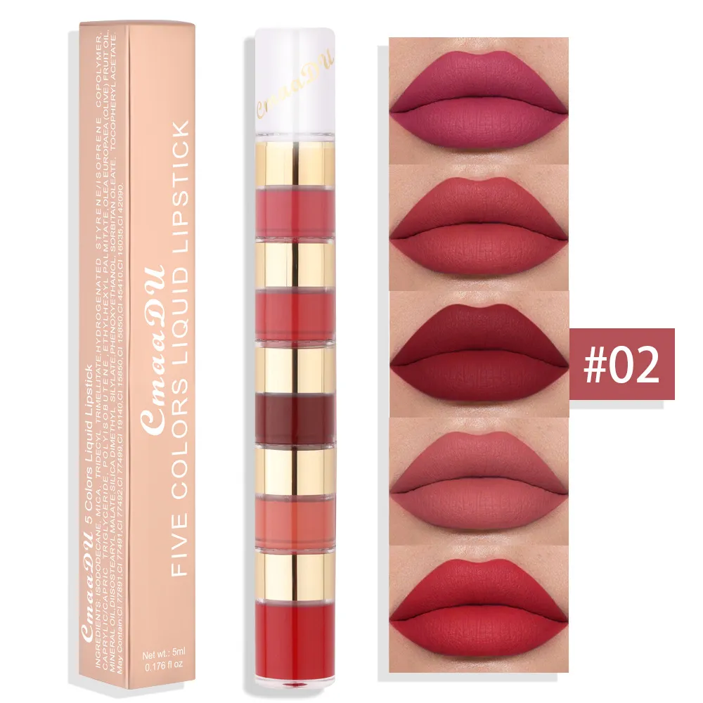 5 In 1 Matte Lipstick Kit Combo Strip Velvet Sexy Red Lip Tint